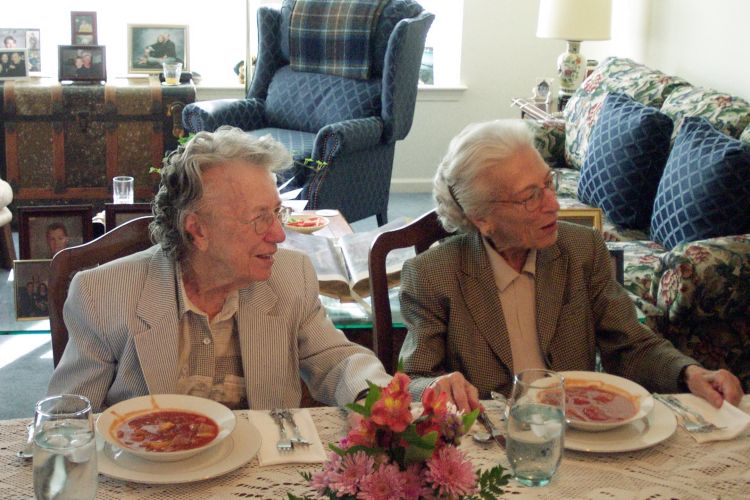 Louise and Dorothy at the dining table, with soup